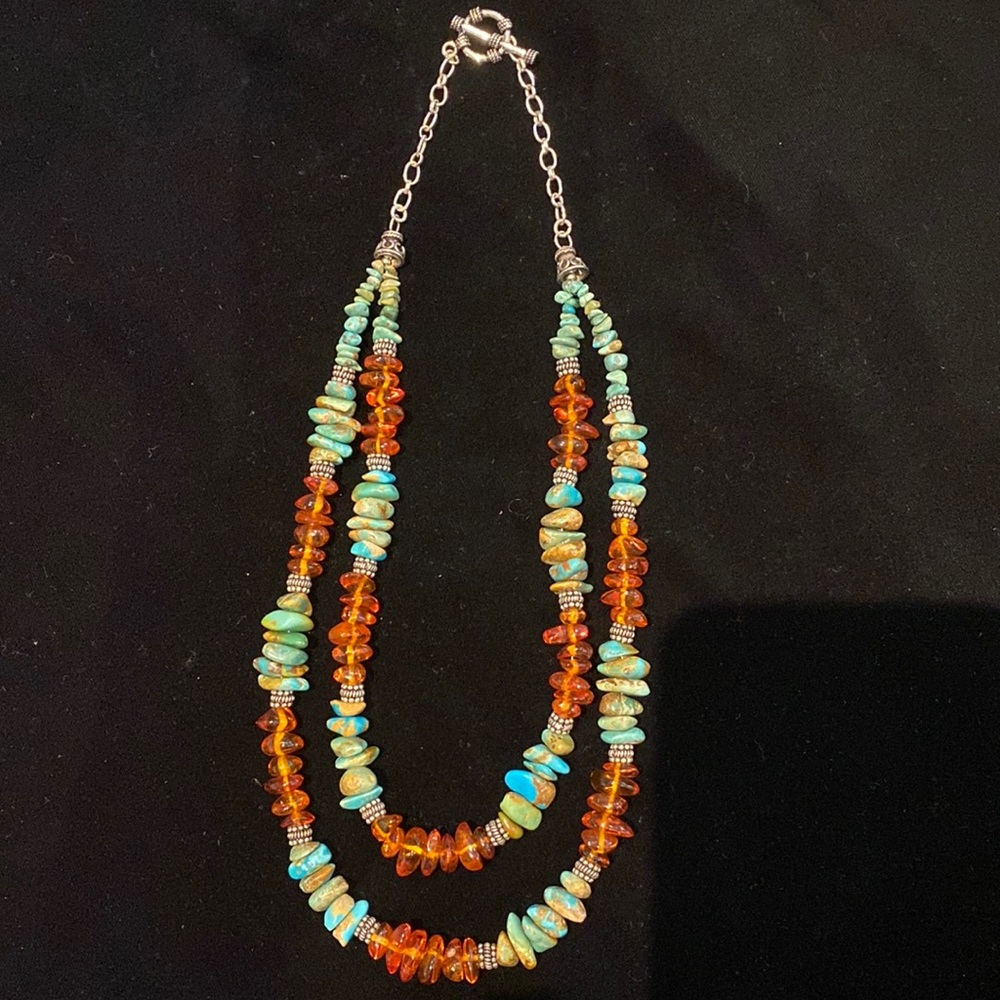 Sterling Silver Turquoise and Amber Genuine Stones